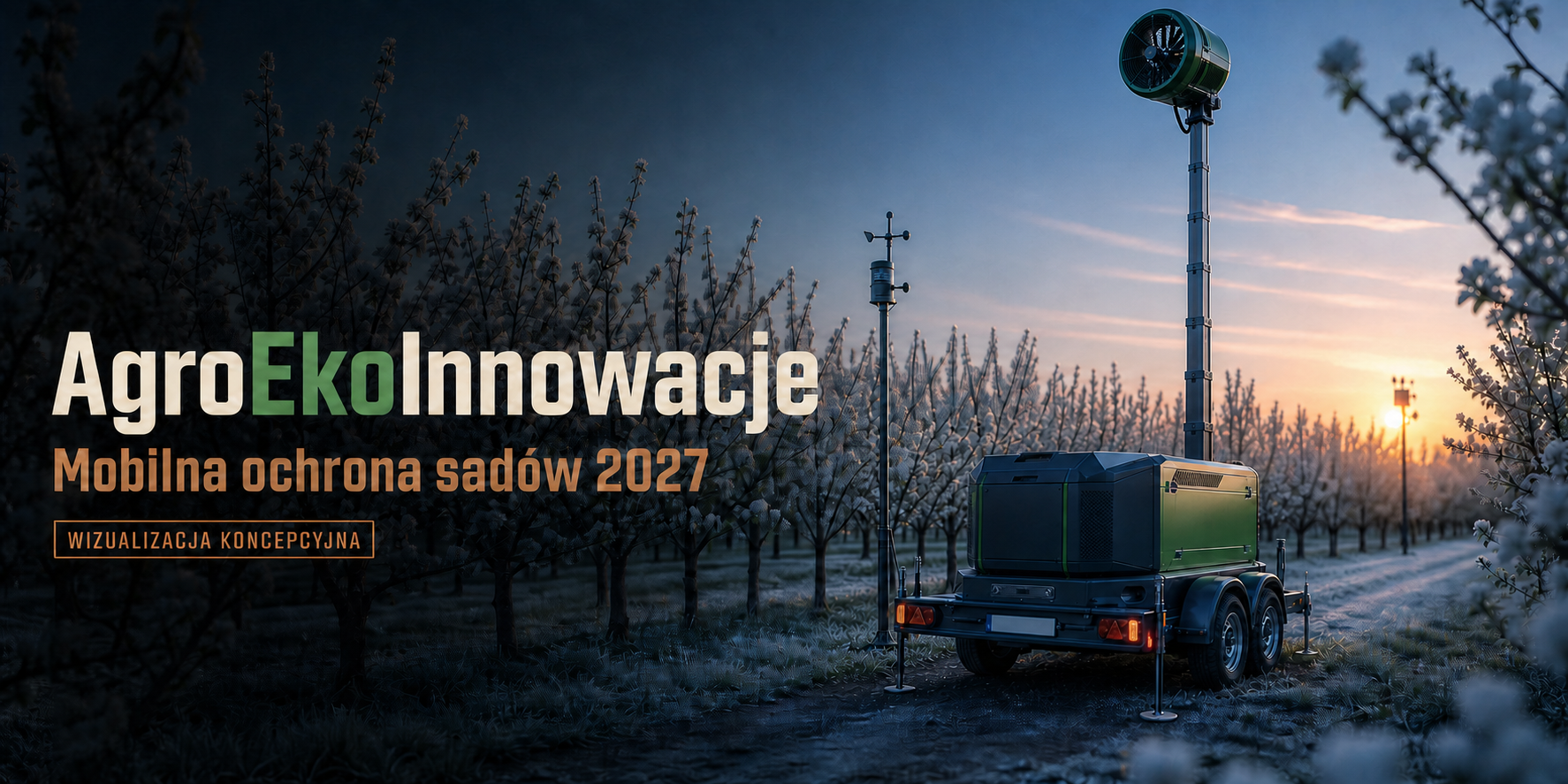 Wizualizacja koncepcyjna mobilnej elektrycznej maszyny przeciwprzymrozkowej w sadzie